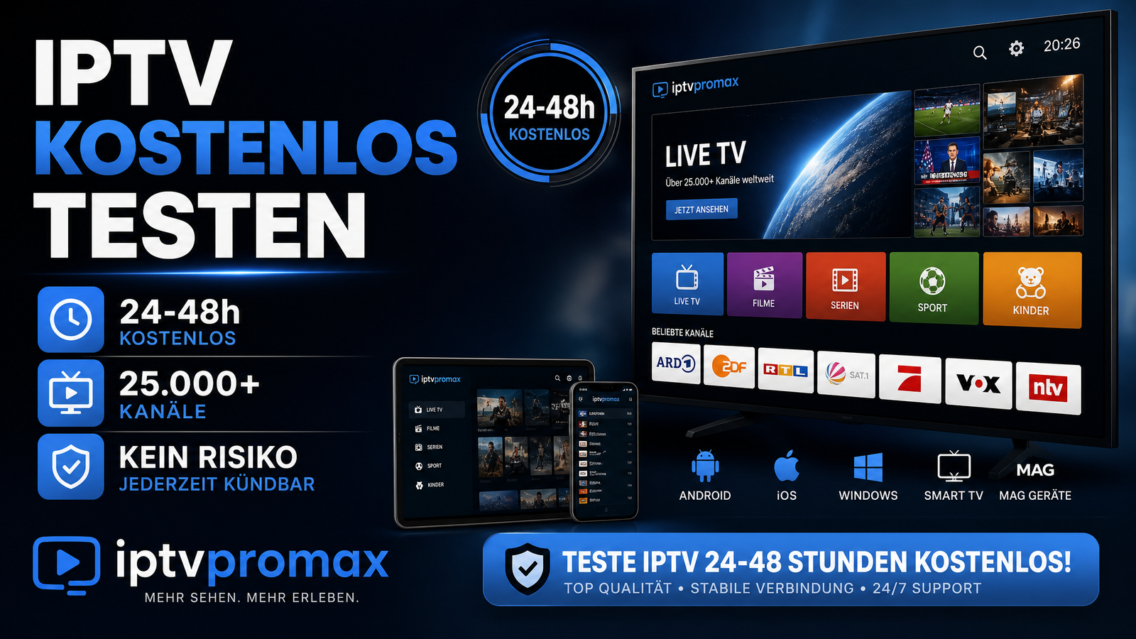 IPTV kostenlos testen 24-48h ohne Kreditkarte